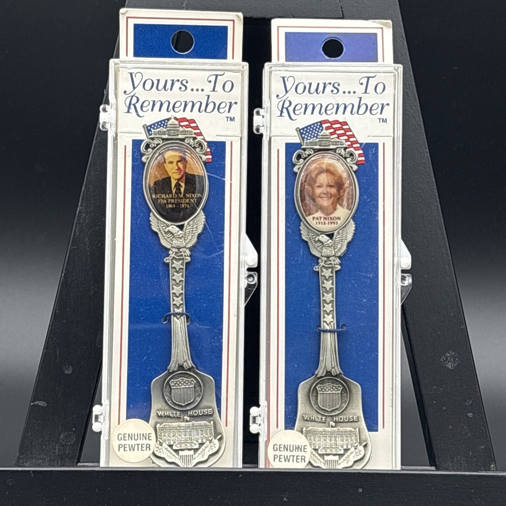 Richard M Nixon & Pat Nixon Pewter Souvenir Spoons Set Yours To Remember Sealed